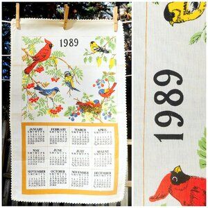 VTG 1989 Summer Songbirds on Berry Branches Calendar Towel Crochet Edge Birthday